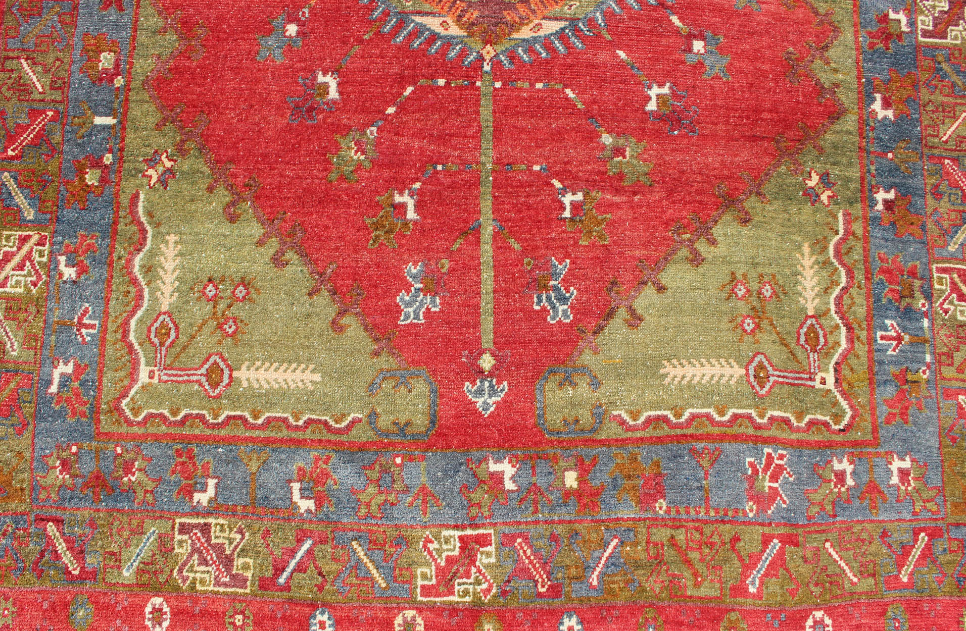 Antique Turkish Medallion Oushak Rug in Red, Green and Blue. Green, blue and red tribal medallion design antique Oushak rug from 1930's Turkey, Keivan Woven Arts / rug#EMA - 7531, country of origin / type: Turkey / Oushak, circa 1930. Mea... - Keivan Woven ArtsEMA - 7531 - 9346Rug