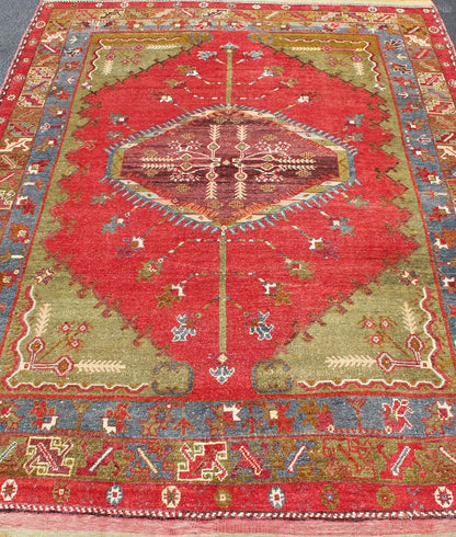 Antique Turkish Medallion Oushak Rug in Red, Green and Blue. Green, blue and red tribal medallion design antique Oushak rug from 1930's Turkey, Keivan Woven Arts / rug#EMA - 7531, country of origin / type: Turkey / Oushak, circa 1930. Mea... - Keivan Woven ArtsEMA - 7531 - 9346Rug