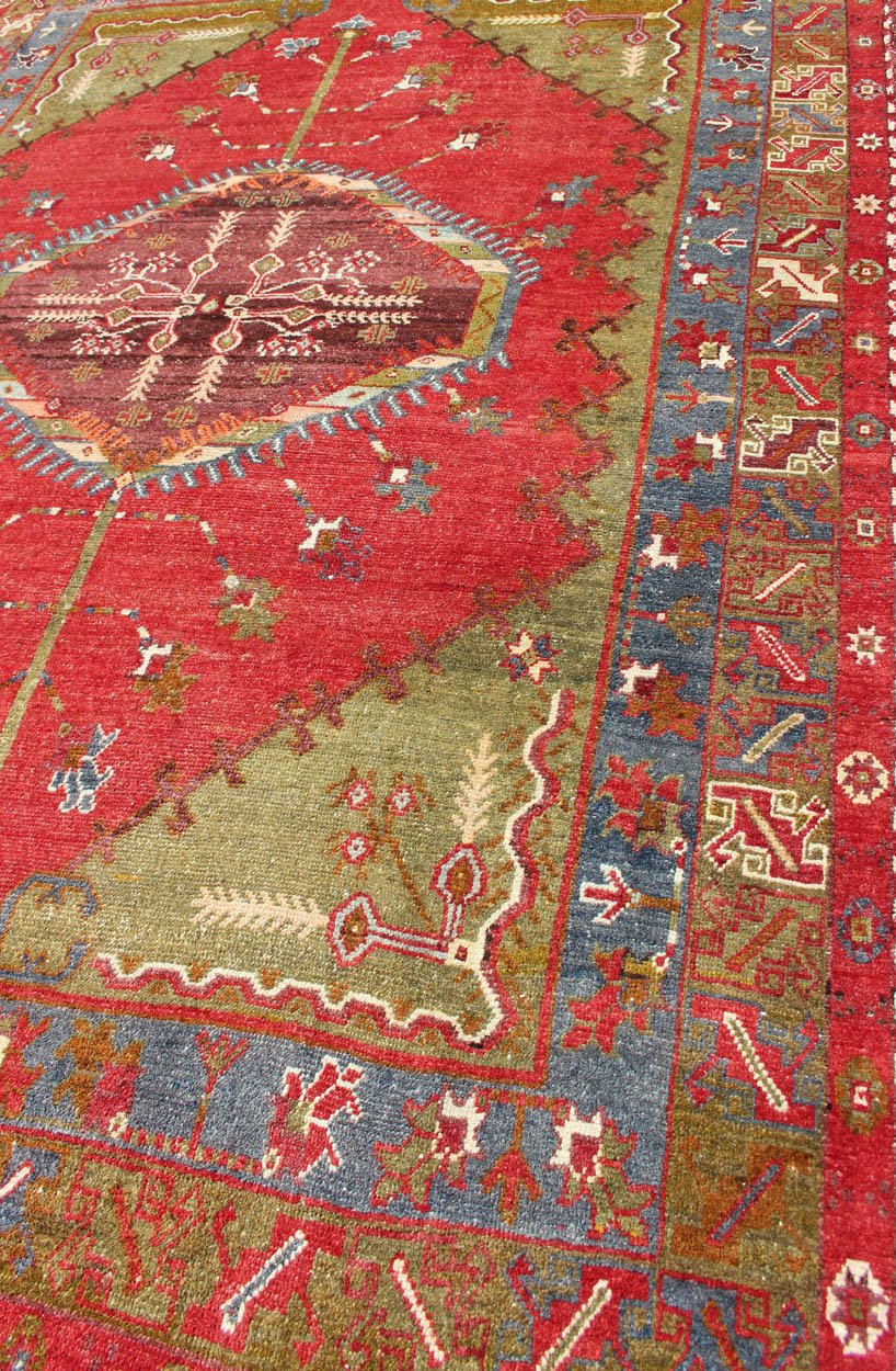 Antique Turkish Medallion Oushak Rug in Red, Green and Blue. Green, blue and red tribal medallion design antique Oushak rug from 1930's Turkey, Keivan Woven Arts / rug#EMA - 7531, country of origin / type: Turkey / Oushak, circa 1930. Mea... - Keivan Woven ArtsEMA - 7531 - 9346Rug