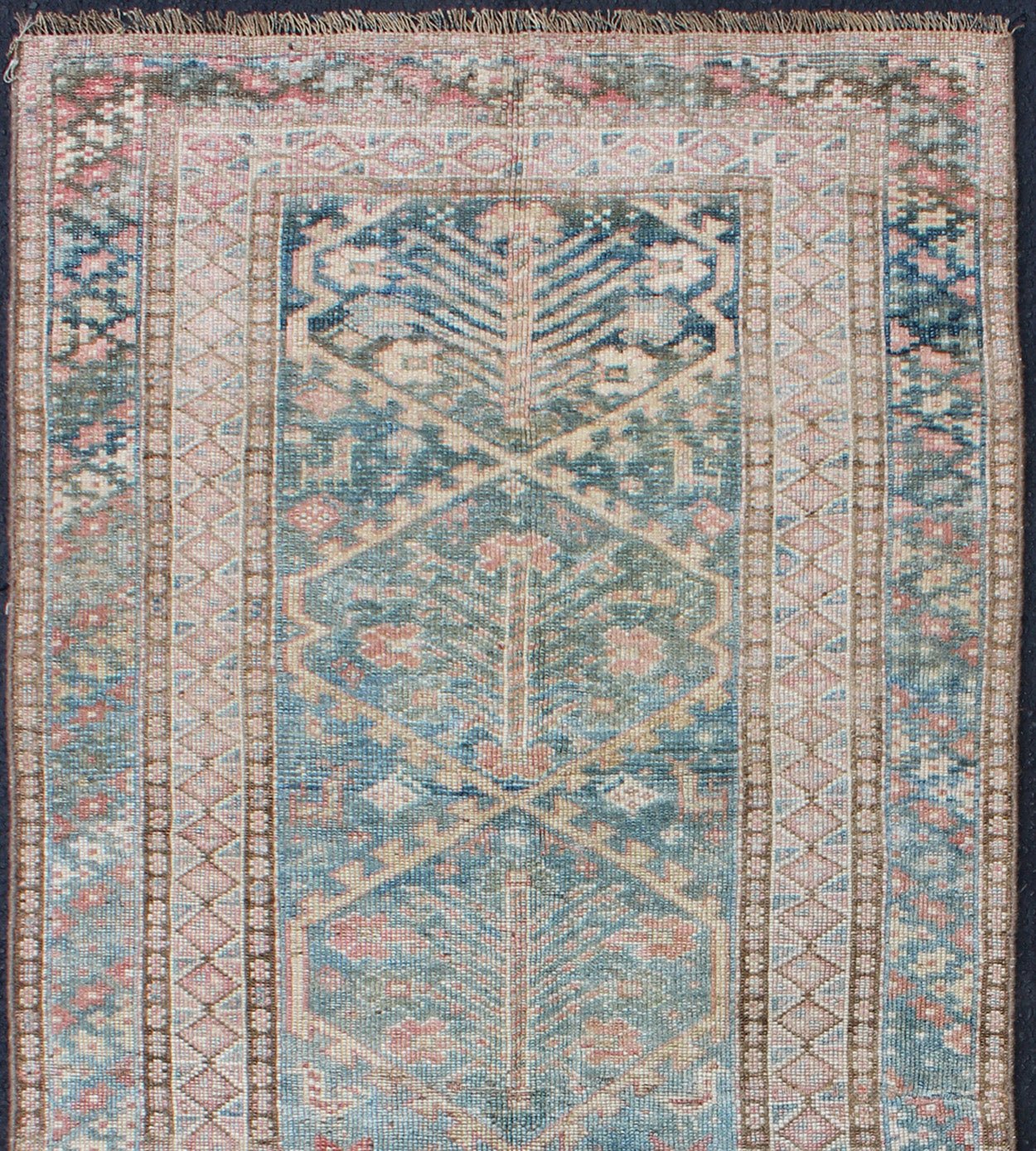Antique Geometric Design Persian Small Lori Rug in Light Teal and Pink. Antique Persian Small Lori Bakhtiari Rug in Light Teal and Pink. Geometric all over Lori antique rug, keivan Woven Arts/ rug/ EMA - 7542, country of origin / type: Iran / Mala... - Keivan Woven ArtsEMA - 7542 - 9776Rug