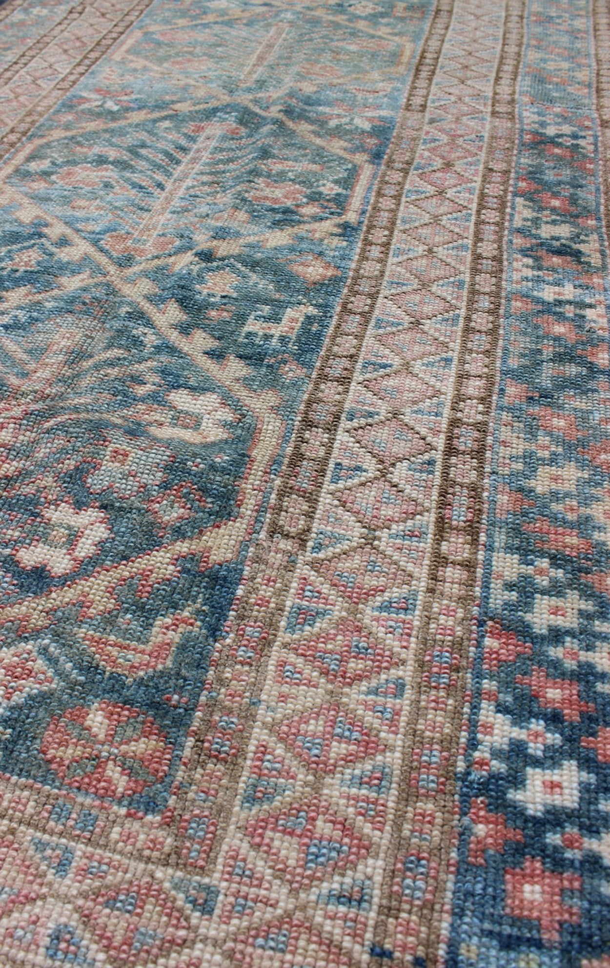 Antique Geometric Design Persian Small Lori Rug in Light Teal and Pink. Antique Persian Small Lori Bakhtiari Rug in Light Teal and Pink. Geometric all over Lori antique rug, keivan Woven Arts/ rug/ EMA - 7542, country of origin / type: Iran / Mala... - Keivan Woven ArtsEMA - 7542 - 9776Rug