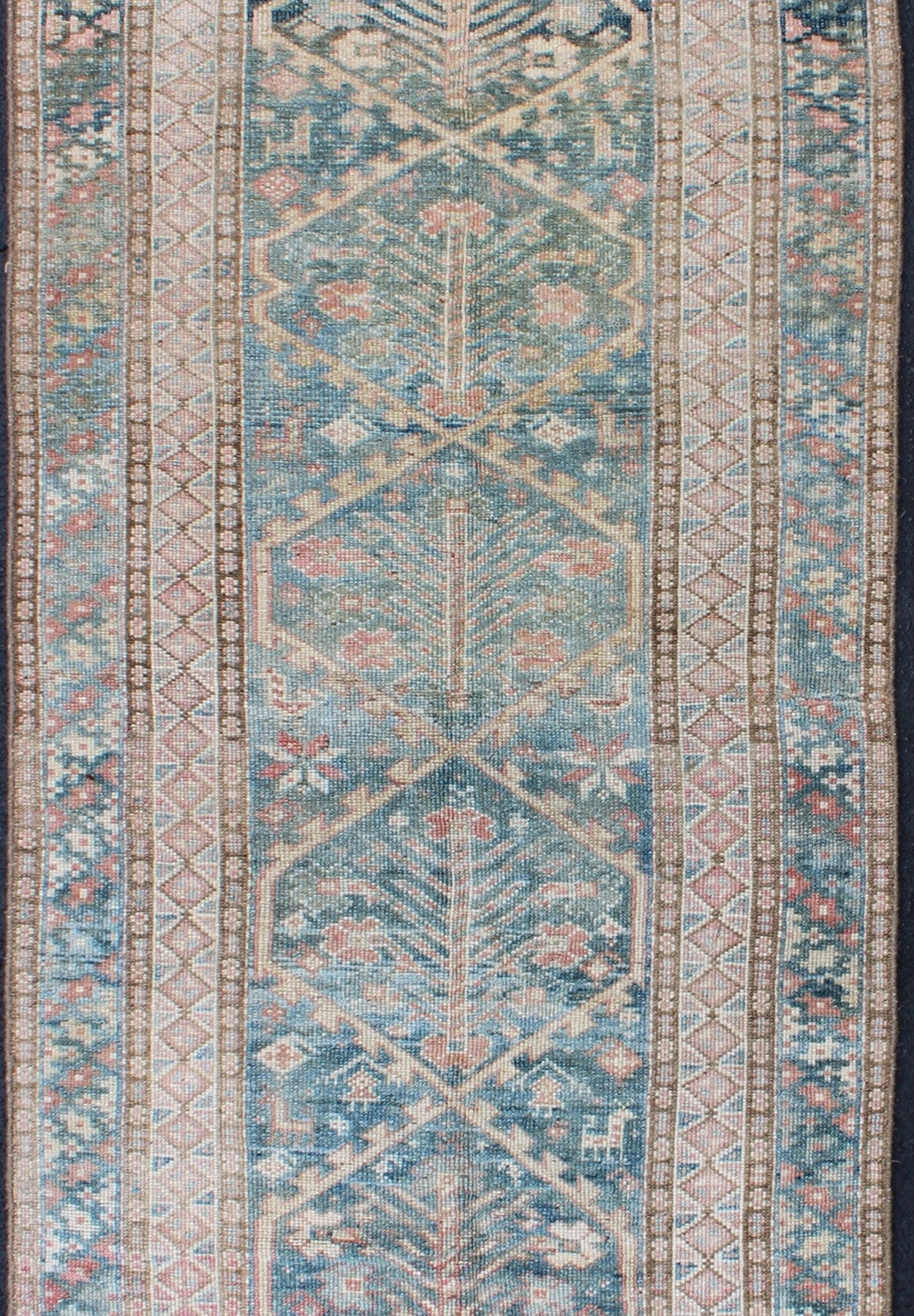 Antique Geometric Design Persian Small Lori Rug in Light Teal and Pink. Antique Persian Small Lori Bakhtiari Rug in Light Teal and Pink. Geometric all over Lori antique rug, keivan Woven Arts/ rug/ EMA - 7542, country of origin / type: Iran / Mala... - Keivan Woven ArtsEMA - 7542 - 9776Rug