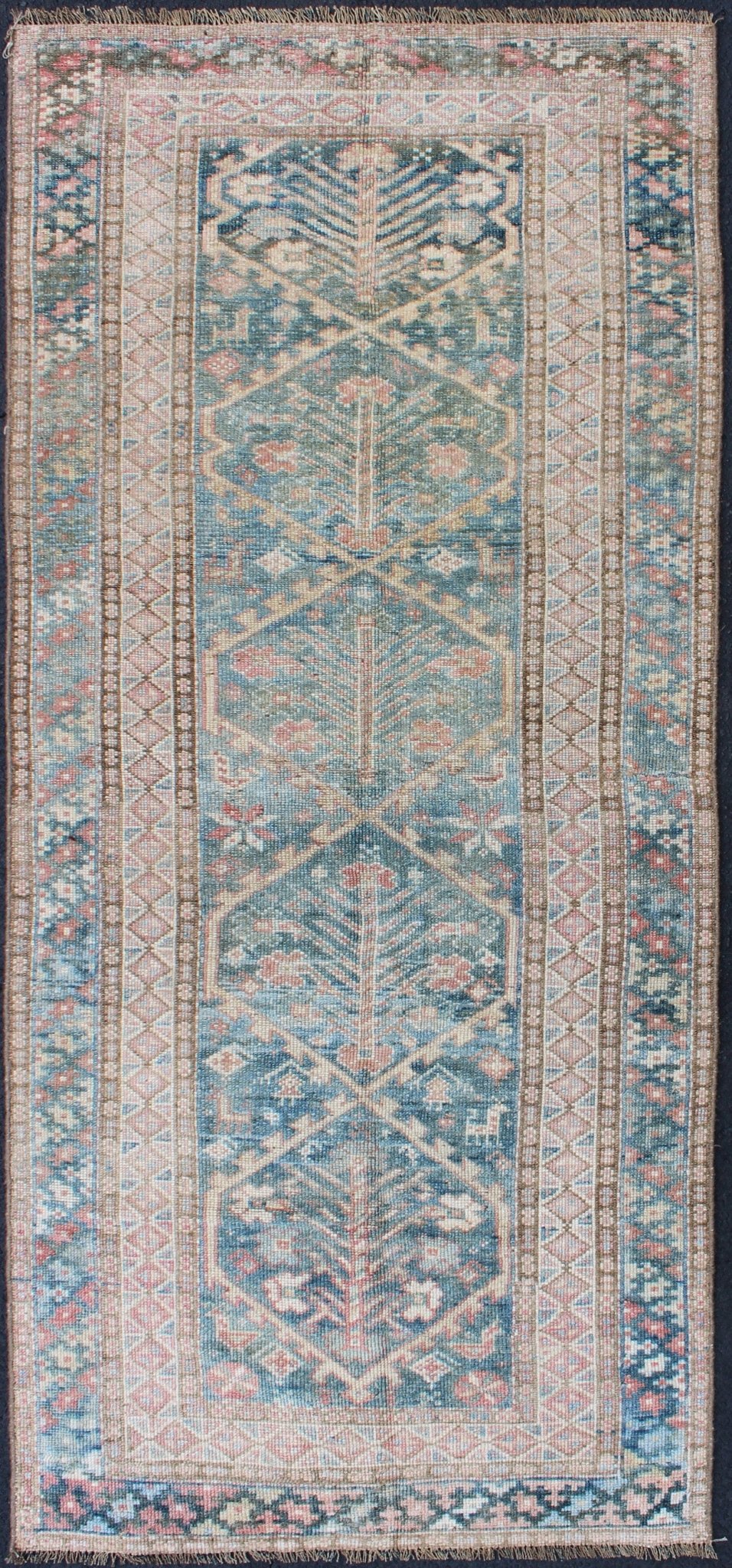 Antique Geometric Design Persian Small Lori Rug in Light Teal and Pink. Antique Persian Small Lori Bakhtiari Rug in Light Teal and Pink. Geometric all over Lori antique rug, keivan Woven Arts/ rug/ EMA - 7542, country of origin / type: Iran / Mala... - Keivan Woven ArtsEMA - 7542 - 9776Rug