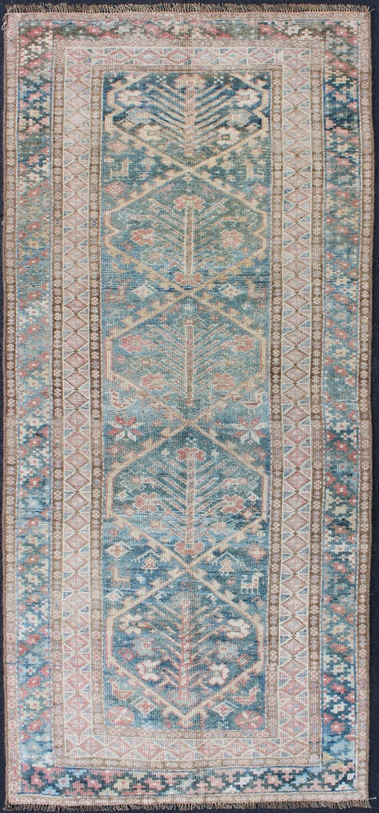 Antique Geometric Design Persian Small Lori Rug in Light Teal and Pink. Antique Persian Small Lori Bakhtiari Rug in Light Teal and Pink. Geometric all over Lori antique rug, keivan Woven Arts/ rug/ EMA - 7542, country of origin / type: Iran / Mala... - Keivan Woven ArtsEMA - 7542 - 9776