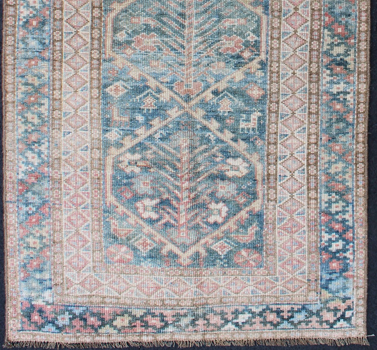 Antique Geometric Design Persian Small Lori Rug in Light Teal and Pink. Antique Persian Small Lori Bakhtiari Rug in Light Teal and Pink. Geometric all over Lori antique rug, keivan Woven Arts/ rug/ EMA - 7542, country of origin / type: Iran / Mala... - Keivan Woven ArtsEMA - 7542 - 9776Rug