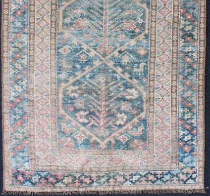 Antique Geometric Design Persian Small Lori Rug in Light Teal and Pink. Antique Persian Small Lori Bakhtiari Rug in Light Teal and Pink. Geometric all over Lori antique rug, keivan Woven Arts/ rug/ EMA - 7542, country of origin / type: Iran / Mala... - Keivan Woven ArtsEMA - 7542 - 9776Rug