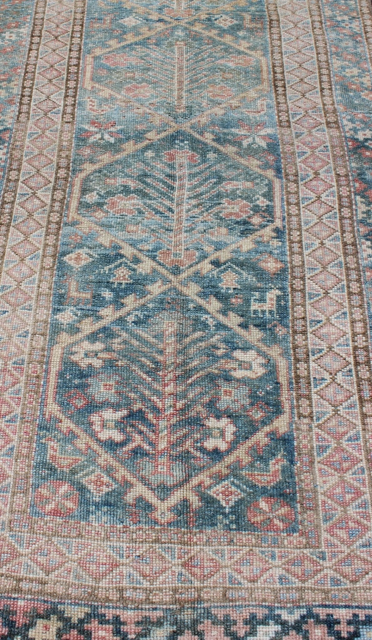 Antique Geometric Design Persian Small Lori Rug in Light Teal and Pink. Antique Persian Small Lori Bakhtiari Rug in Light Teal and Pink. Geometric all over Lori antique rug, keivan Woven Arts/ rug/ EMA - 7542, country of origin / type: Iran / Mala... - Keivan Woven ArtsEMA - 7542 - 9776Rug