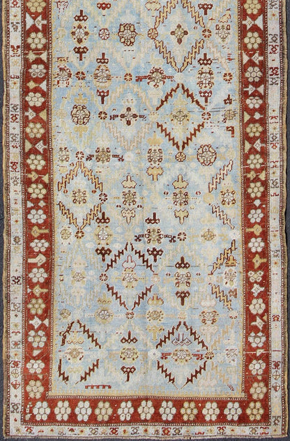 Ox Red and Ice Blue Antique Persian Malayer Runner with All - Over Geometrics kwarugs All - over design antique Persian Malayer runner with geometrics in blue and red, rug ema - 7546, country of origin / type: Iran / Mahal, circa 1910. This ant... - Keivan Woven ArtsEMA - 7546 - 9786Rug