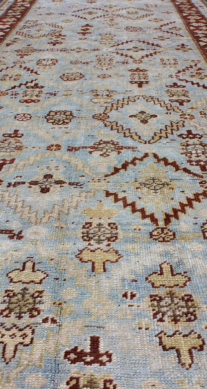 Ox Red and Ice Blue Antique Persian Malayer Runner with All - Over Geometrics kwarugs All - over design antique Persian Malayer runner with geometrics in blue and red, rug ema - 7546, country of origin / type: Iran / Mahal, circa 1910. This ant... - Keivan Woven ArtsEMA - 7546 - 9786Rug