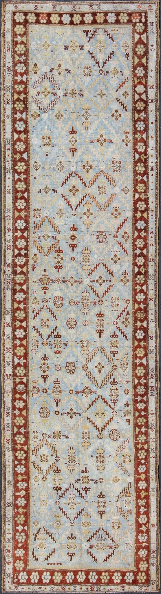 Ox Red and Ice Blue Antique Persian Malayer Runner with All - Over Geometrics kwarugs All - over design antique Persian Malayer runner with geometrics in blue and red, rug ema - 7546, country of origin / type: Iran / Mahal, circa 1910. This ant... - Keivan Woven ArtsEMA - 7546 - 9786Rug