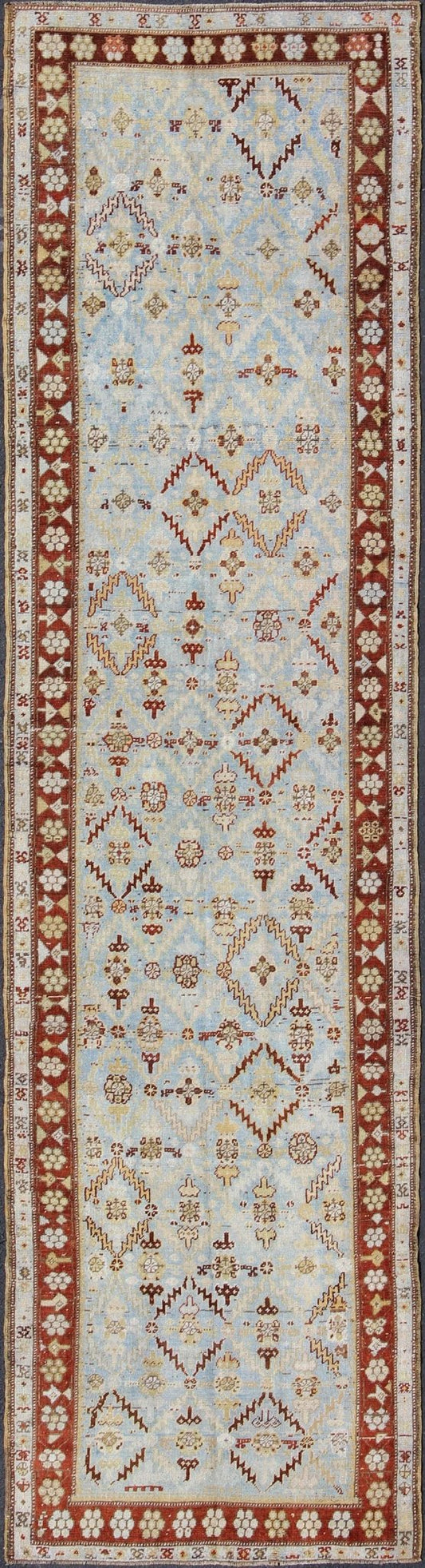 Ox Red and Ice Blue Antique Persian Malayer Runner with All - Over Geometrics kwarugs All - over design antique Persian Malayer runner with geometrics in blue and red, rug ema - 7546, country of origin / type: Iran / Mahal, circa 1910. This ant... - Keivan Woven ArtsEMA - 7546 - 9786Rug