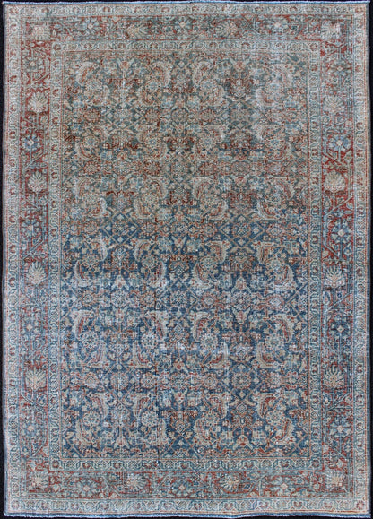 Antique Persian Mahal Rug with All - Over Flower Design in Blue with Red and Ivory kwarugs Mahal rug antique Persian with floral design in red, blue, ivory, cream tones, rug ema - 7548, country of origin / type: Iran / Mahal, circa 1920 This ... - Keivan Woven ArtsEMA - 7548 - 9790Rug