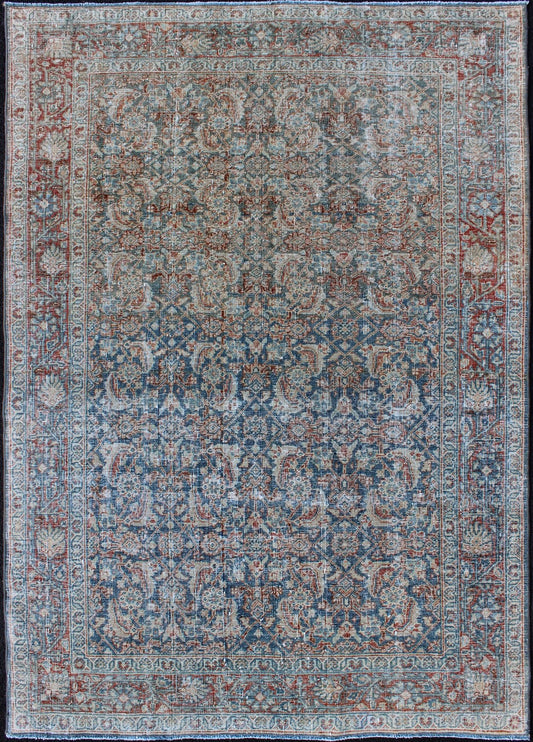 Antique Persian Mahal Rug with All - Over Flower Design in Blue with Red and Ivory kwarugs Mahal rug antique Persian with floral design in red, blue, ivory, cream tones, rug ema - 7548, country of origin / type: Iran / Mahal, circa 1920 This ... - Keivan Woven ArtsEMA - 7548 - 9790Rug