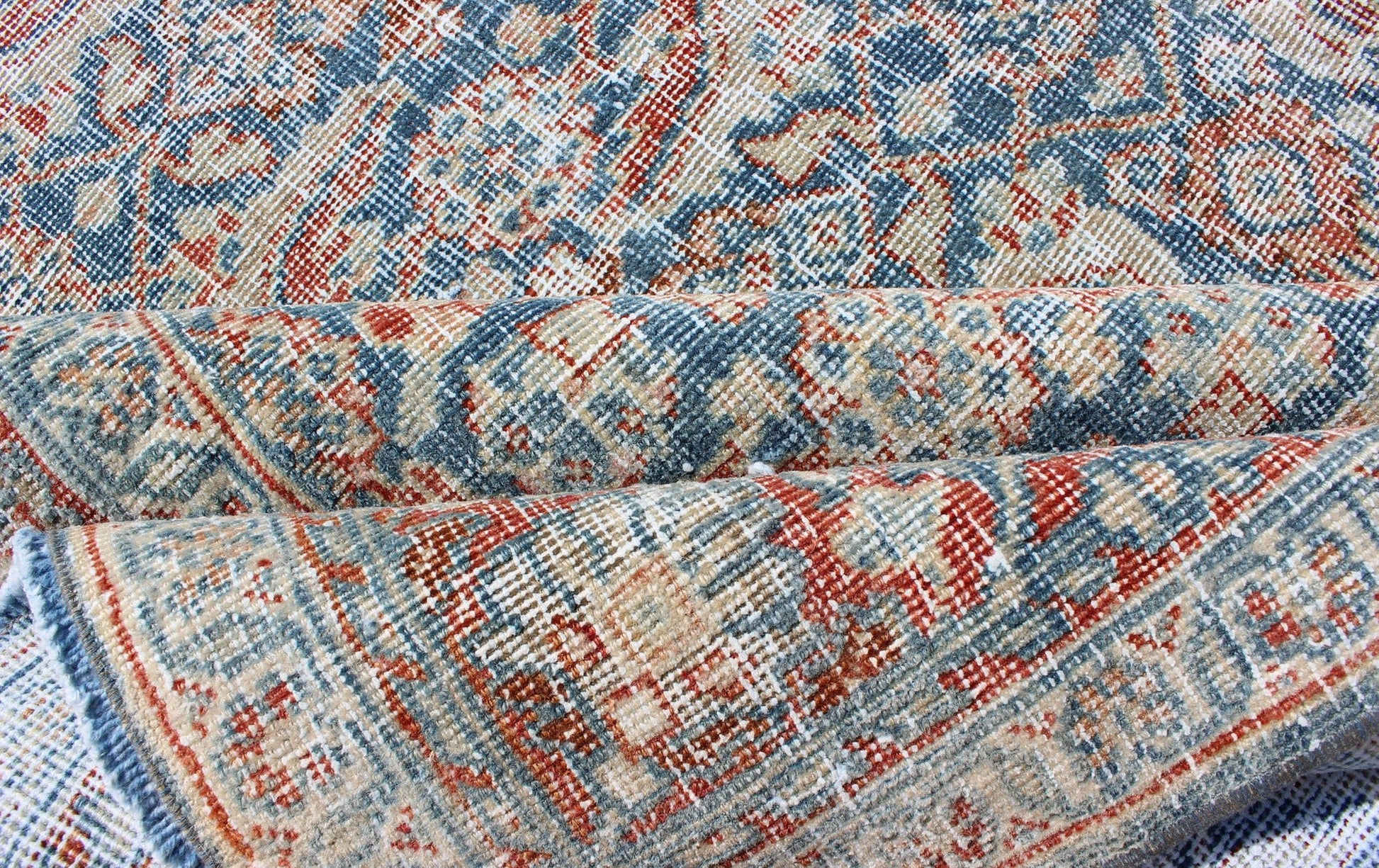 Antique Persian Mahal Rug with All - Over Flower Design in Blue with Red and Ivory kwarugs Mahal rug antique Persian with floral design in red, blue, ivory, cream tones, rug ema - 7548, country of origin / type: Iran / Mahal, circa 1920 This ... - Keivan Woven ArtsEMA - 7548 - 9790Rug
