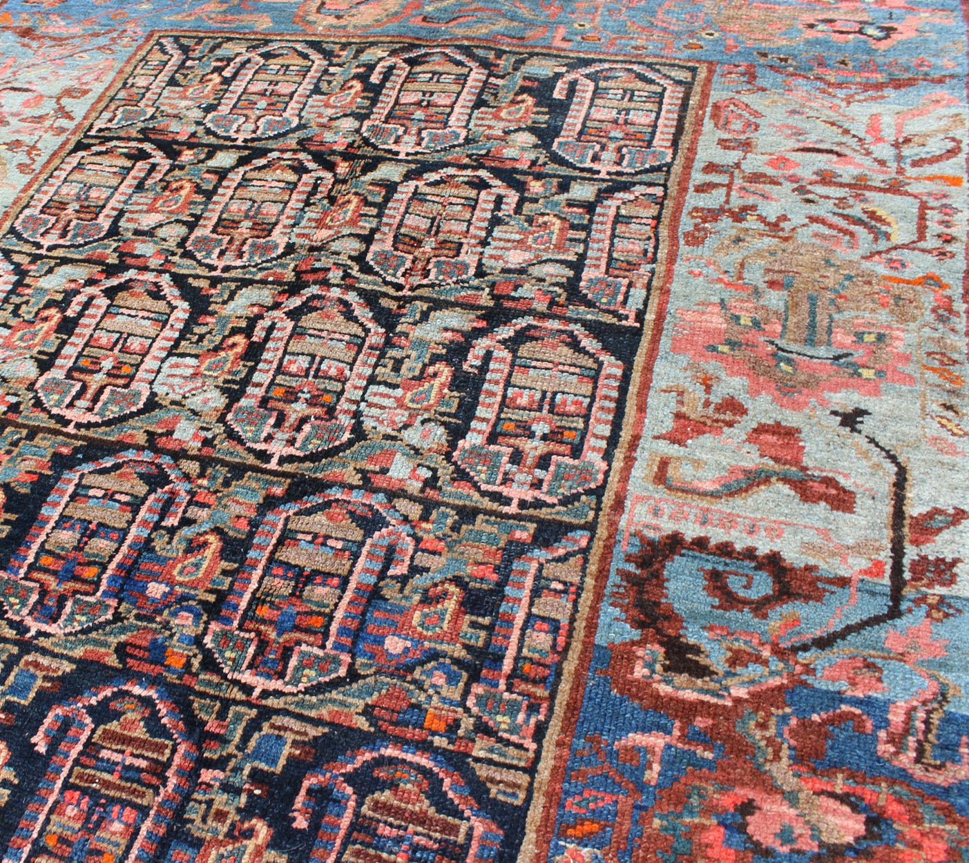 Colorful and Unique Antique Persian Hand Knotted Hamedan Rug With All - Over Geometric Design kwarugs Hamedan Persian antique rug withlarge - scale design in blue, ivory, peach, Keivan Woven Arts / rug ema - 7549, country of origin / type: Iran / Hame... - Keivan Woven ArtsEMA - 7549 - 9794Rug