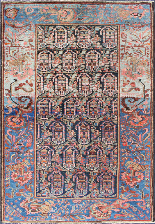Colorful and Unique Antique Persian Hand Knotted Hamedan Rug With All - Over Geometric Design kwarugs Hamedan Persian antique rug withlarge - scale design in blue, ivory, peach, Keivan Woven Arts / rug ema - 7549, country of origin / type: Iran / Hame... - Keivan Woven ArtsEMA - 7549 - 9794Rug