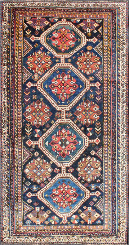 Antique Persian Qashqai Rug with Four - Medallion Design in Blue, Red, Brown Tones kwarugs Tribal Qashqai Gallery rug from Persia with geometric designs in multi - colors, rug ema - 7551, country of origin / type: Iran / Qashqai, circa 1910. Th... - Keivan Woven ArtsEMA - 7551 - 9798Rug