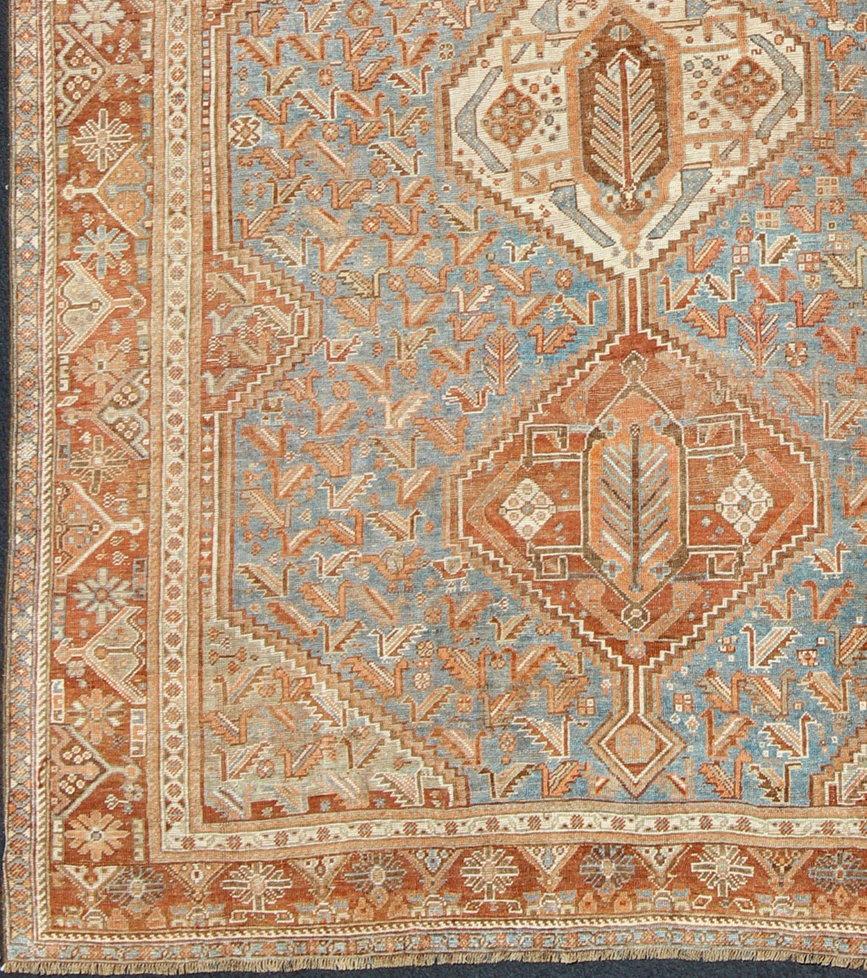 Geometric Antique Persian Shiraz Rug With Tri - Medallion Design in Shades of Rusty Orange Geometric Antique Persian Shiraz Rug With Tri - Medallion Design in Shades of Rusty Orange, Keivan Woven Arts rug ema - 7552, country of origin / type: Iran / S... - Keivan Woven ArtsEMA - 7552 - 9802Rug