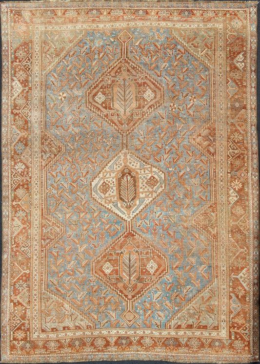 Geometric Antique Persian Shiraz Rug With Tri - Medallion Design in Shades of Rusty Orange Geometric Antique Persian Shiraz Rug With Tri - Medallion Design in Shades of Rusty Orange, Keivan Woven Arts rug ema - 7552, country of origin / type: Iran / S... - Keivan Woven ArtsEMA - 7552 - 9802Rug