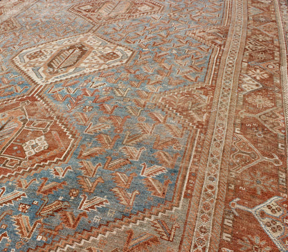 Geometric Antique Persian Shiraz Rug With Tri - Medallion Design in Shades of Rusty Orange Geometric Antique Persian Shiraz Rug With Tri - Medallion Design in Shades of Rusty Orange, Keivan Woven Arts rug ema - 7552, country of origin / type: Iran / S... - Keivan Woven ArtsEMA - 7552 - 9802Rug