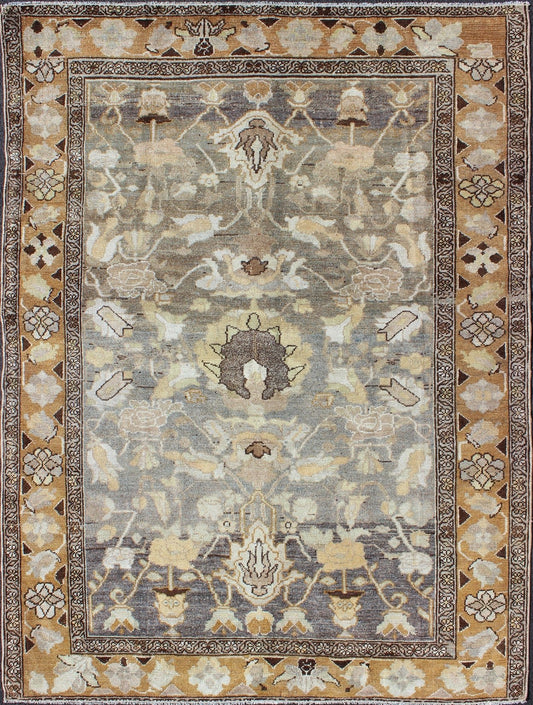 Gray and Marigold Antique distressed Persian Bakhtiari Rug with Expansive Floral Design kwarugs Antique Persian Bakhtiari rug, distressed antique from Persia with flowing flowers, rug ema - 7554, country of origin / type: Iran / Bakhtiari, circa 1... - Keivan Woven ArtsEMA - 7554 - 9806