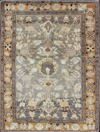 Gray and Marigold Antique distressed Persian Bakhtiari Rug with Expansive Floral Design kwarugs Antique Persian Bakhtiari rug, distressed antique from Persia with flowing flowers, rug ema - 7554, country of origin / type: Iran / Bakhtiari, circa 1... - Keivan Woven ArtsEMA - 7554 - 9806Rug