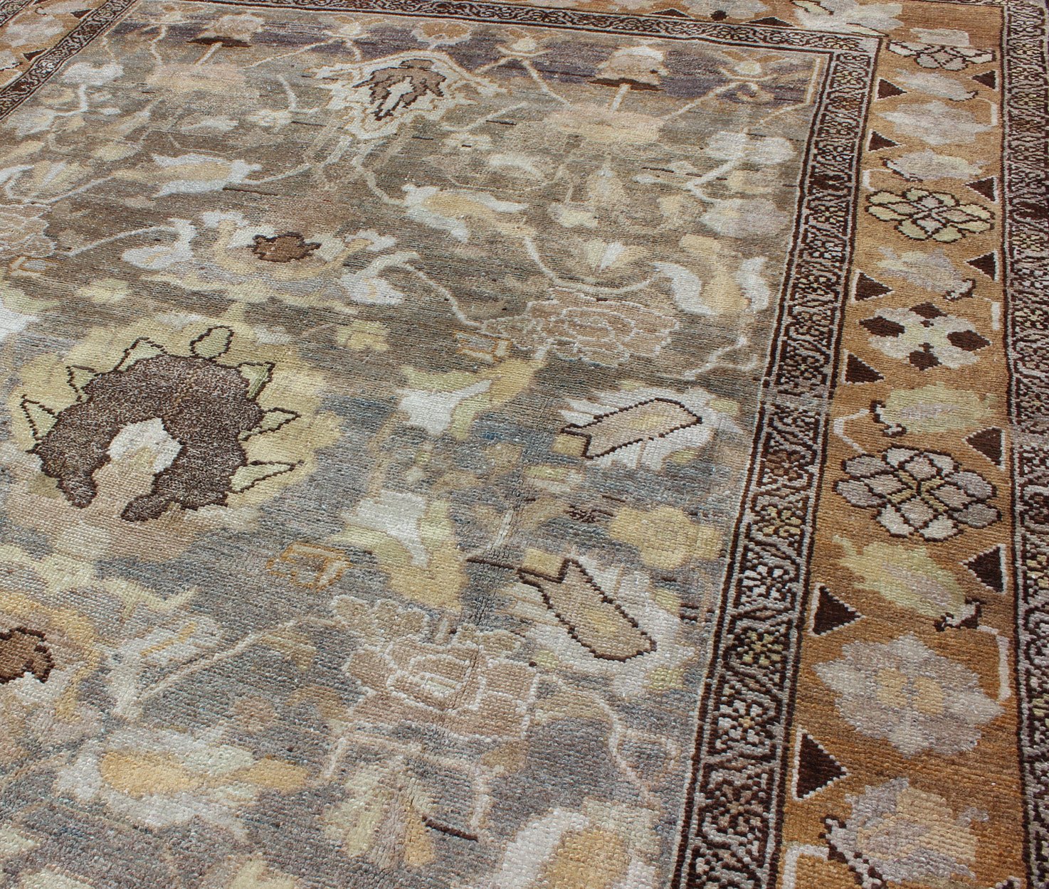 Gray and Marigold Antique distressed Persian Bakhtiari Rug with Expansive Floral Design kwarugs Antique Persian Bakhtiari rug, distressed antique from Persia with flowing flowers, rug ema - 7554, country of origin / type: Iran / Bakhtiari, circa 1... - Keivan Woven ArtsEMA - 7554 - 9806Rug