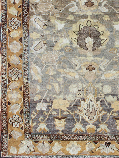 Gray and Marigold Antique distressed Persian Bakhtiari Rug with Expansive Floral Design kwarugs Antique Persian Bakhtiari rug, distressed antique from Persia with flowing flowers, rug ema - 7554, country of origin / type: Iran / Bakhtiari, circa 1... - Keivan Woven ArtsEMA - 7554 - 9806Rug