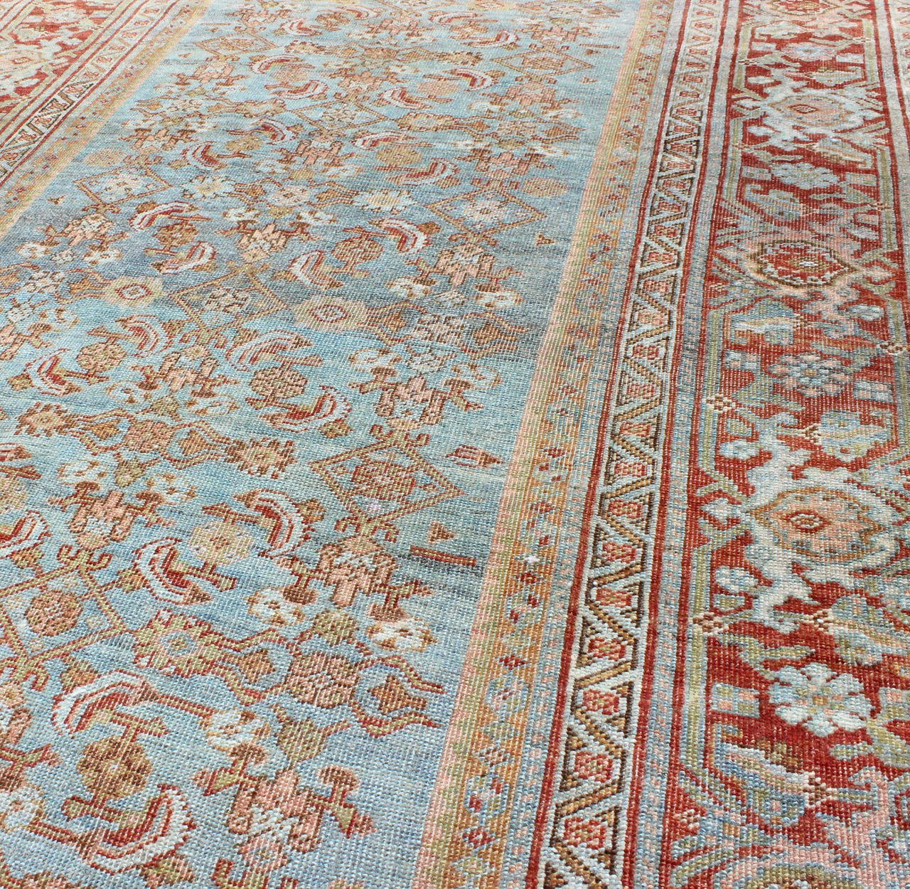Antique Persian Bidjar Rug with Blossoming Floral Design in Light Blue and Red kwarugs Ornate flower design Bidjar antique Persian rug in a variety of colors of red and blues. Keivan Woven Arts / rug ema - 7556, country of origin / type: Iran / B... - Keivan Woven ArtsEMA - 7556 - 9810Rug