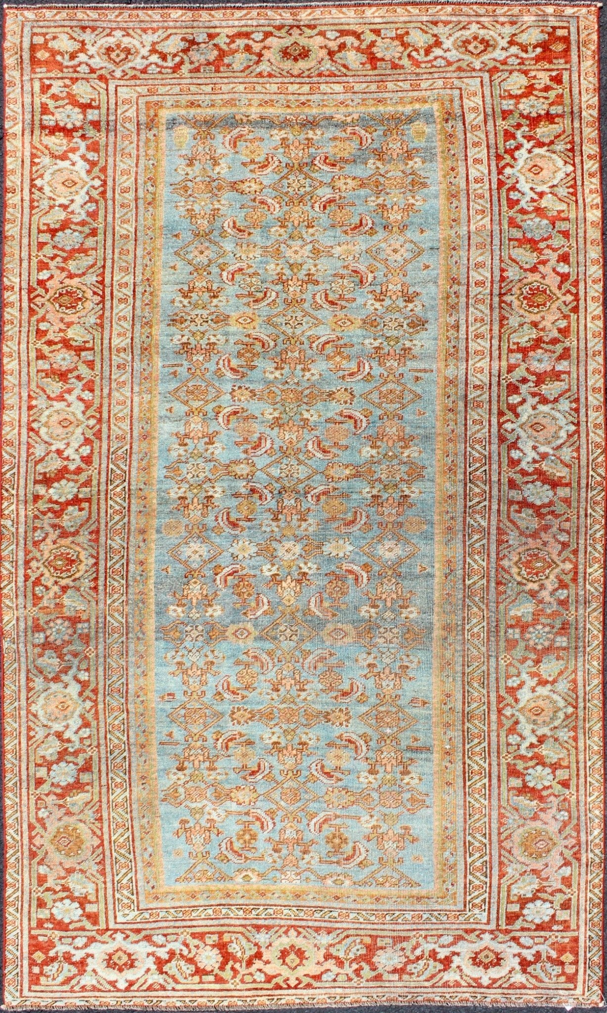 Antique Persian Bidjar Rug with Blossoming Floral Design in Light Blue and Red kwarugs Ornate flower design Bidjar antique Persian rug in a variety of colors of red and blues. Keivan Woven Arts / rug ema - 7556, country of origin / type: Iran / B... - Keivan Woven ArtsEMA - 7556 - 9810Rug