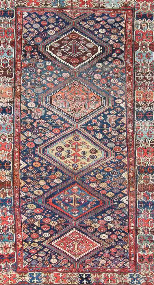 Blue and red antique Persian Hamedan rug with vertical diamond multi - medallions, rug ema - 7563, country of origin / type: Iran / Hamedan, circa 1890. This magnificent antique Hamedan features beautiful coloration, including tones of blue, red, nu... - Keivan Woven ArtsEMA - 7563 - 9820