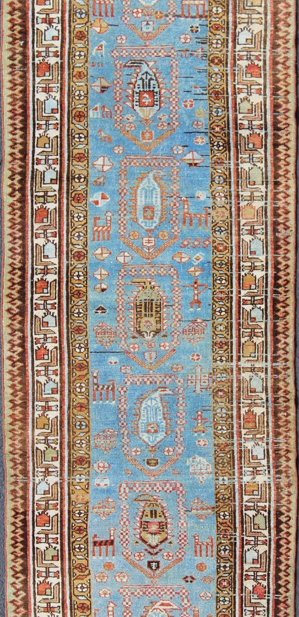 Amazing Antique Tribal Persian Kurdish Runner in Blue and Multi Colors kwarugs Uniquely colored Persian Kurdish antique Runner with expansive tribal design, rug ema - 7565, country of origin / type: Iran / Kurdish, circa 1900. This antique ... - Keivan Woven ArtsEMA - 7565 - 9830Rug
