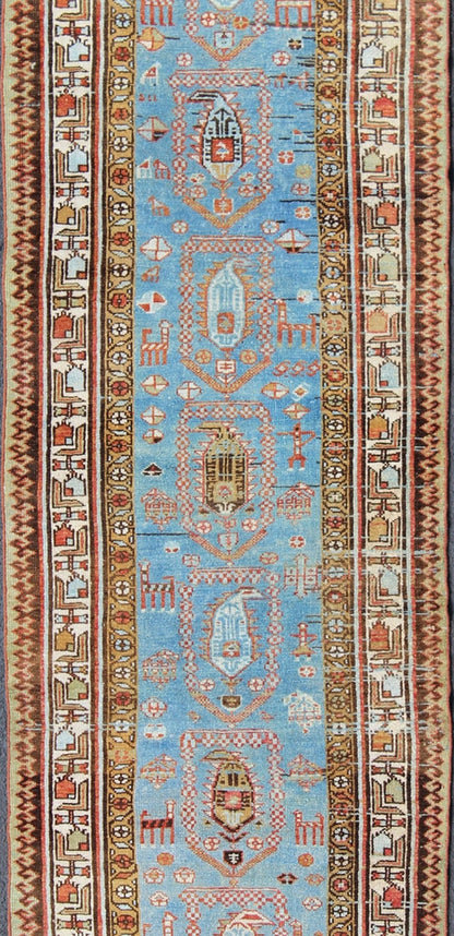 Amazing Antique Tribal Persian Kurdish Runner in Blue and Multi Colors kwarugs Uniquely colored Persian Kurdish antique Runner with expansive tribal design, rug ema - 7565, country of origin / type: Iran / Kurdish, circa 1900. This antique ... - Keivan Woven ArtsEMA - 7565 - 9830Rug