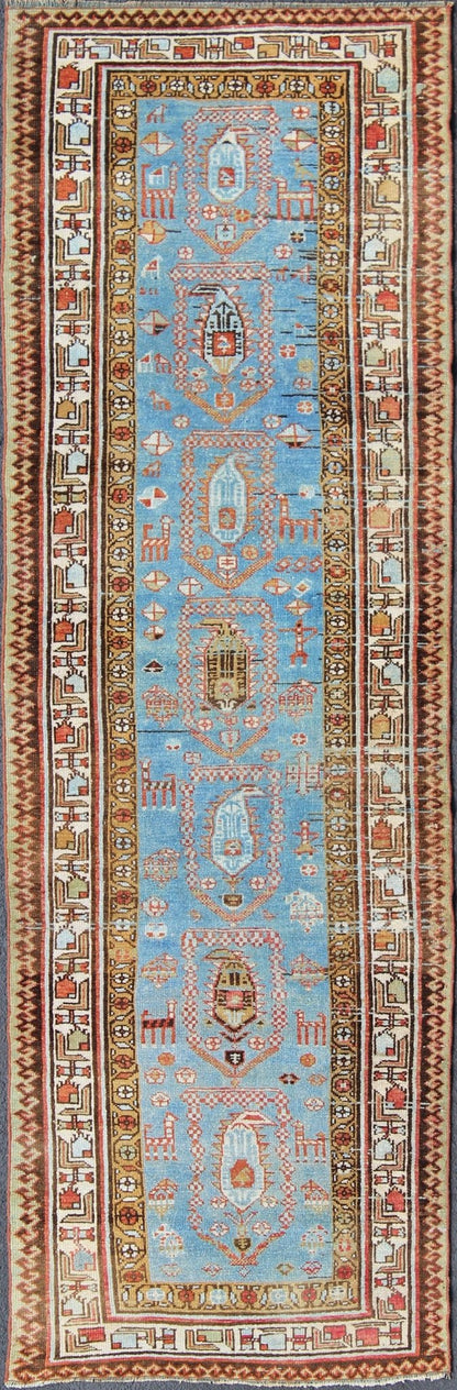Amazing Antique Tribal Persian Kurdish Runner in Blue and Multi Colors kwarugs Uniquely colored Persian Kurdish antique Runner with expansive tribal design, rug ema - 7565, country of origin / type: Iran / Kurdish, circa 1900. This antique ... - Keivan Woven ArtsEMA - 7565 - 9830Rug