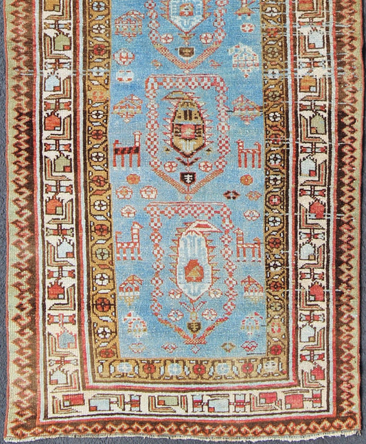 Amazing Antique Tribal Persian Kurdish Runner in Blue and Multi Colors kwarugs Uniquely colored Persian Kurdish antique Runner with expansive tribal design, rug ema - 7565, country of origin / type: Iran / Kurdish, circa 1900. This antique ... - Keivan Woven ArtsEMA - 7565 - 9830Rug