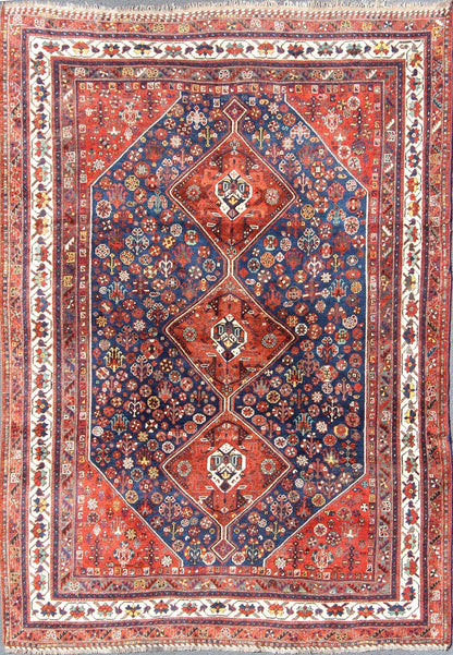 Antique Persian Shiraz Rug with Tri - Medallion Geometrics in Royal Blue and Red kwarugs Persian Shiraz antique rug in red and blue with Medallion geometric design, rug ema - 7567, country of origin / type: Iran / Shiraz, circa 1930. This vin... - Keivan Woven ArtsEMA - 7567 - 9834Rug