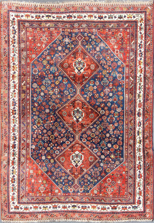 Antique Persian Shiraz Rug with Tri - Medallion Geometrics in Royal Blue and Red kwarugs Persian Shiraz antique rug in red and blue with Medallion geometric design, rug ema - 7567, country of origin / type: Iran / Shiraz, circa 1930. This vin... - Keivan Woven ArtsEMA - 7567 - 9834Rug