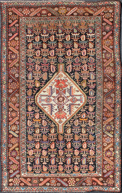 Antique Persian Kurdish Colorful Rug with Medallion and Geometric Motifs kwarugs Geometric antique Kurdish rug from Persia with medallion and all - over design, rug ema - 7570, country of origin / type: Iran / Kurdish, circa 1910. This antiqu... - Keivan Woven ArtsEMA - 7570 - 9842Rug