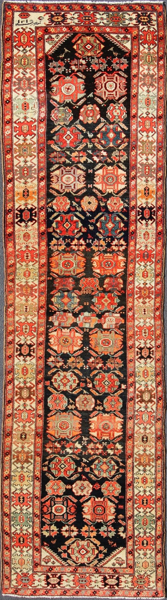 Keivan Woven Arts, Ema - 7571, Antique Persian Malayer Runner Orange and black antique Persian Malayer runner with Sub - geometric design, rug ema - 7571, country of origin / type: Iran / Malayer, circa 1910. This magnificent antique Persian Malay... - Keivan Woven ArtsEMA - 7571 - 9846Rug
