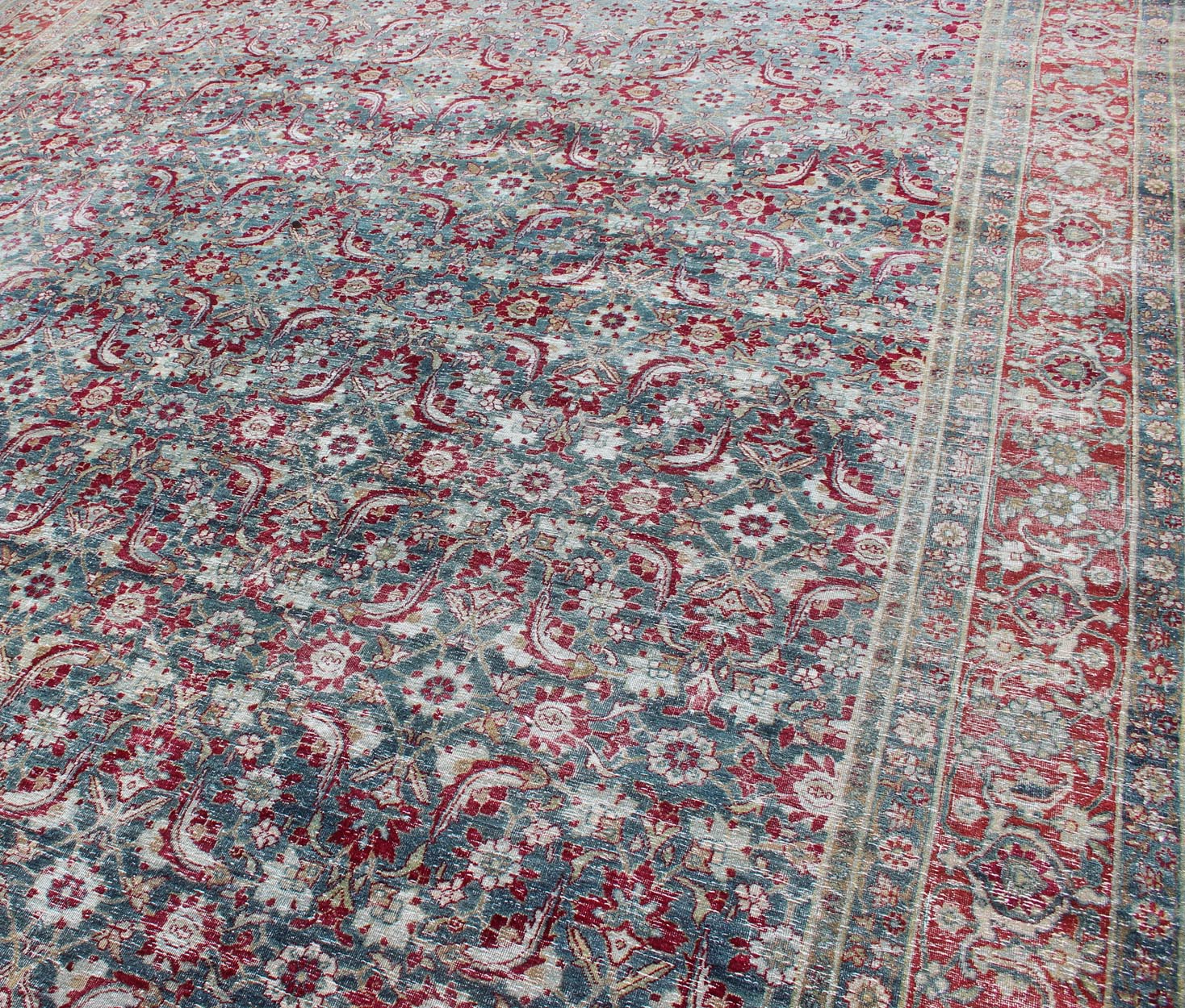 Antique Persian Yazd Rug with Floral - Geometric Design in Red and Blue Persian Antique Yazd Carpet in Blue and Red Tones with Diamond Geometric Floral Design, rug ema - 7575, country of origin / type: Iran / Tabriz, circa 1910 This antique ... - Keivan Woven ArtsEMA - 7575 - 9854Rug