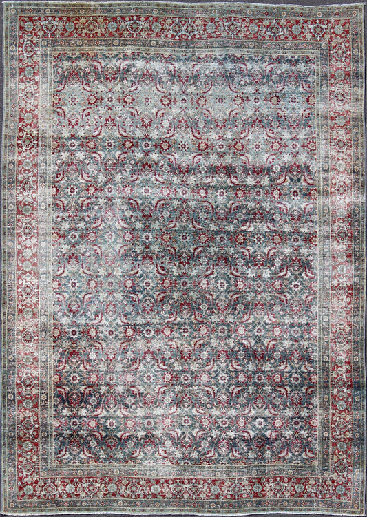Antique Persian Yazd Rug with Floral - Geometric Design in Red and Blue Persian Antique Yazd Carpet in Blue and Red Tones with Diamond Geometric Floral Design, rug ema - 7575, country of origin / type: Iran / Tabriz, circa 1910 This antique ... - Keivan Woven ArtsEMA - 7575 - 9854Rug