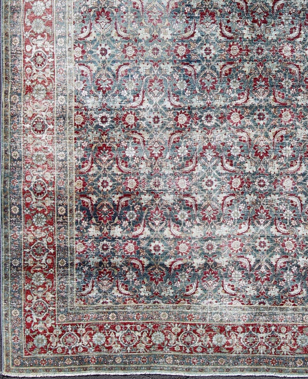 Antique Persian Yazd Rug with Floral - Geometric Design in Red and Blue Persian Antique Yazd Carpet in Blue and Red Tones with Diamond Geometric Floral Design, rug ema - 7575, country of origin / type: Iran / Tabriz, circa 1910 This antique ... - Keivan Woven ArtsEMA - 7575 - 9854Rug
