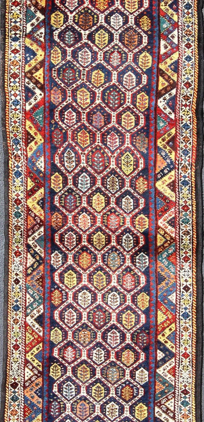 Colorful Antique Persian Lori Runner with Repeating Geometric Palmette Design Lori Antique Persian Runner in Multi - Colors with All - Over Geometric Leaf Design, rug ema - 7576, country of origin / type: Iran / Mahal, circa 1900 This antique P... - Keivan Woven ArtsEMA - 7576 - 9858Rug