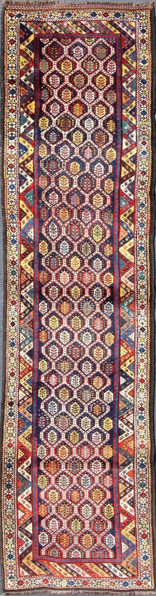 Colorful Antique Persian Lori Runner with Repeating Geometric Palmette Design Lori Antique Persian Runner in Multi - Colors with All - Over Geometric Leaf Design, rug ema - 7576, country of origin / type: Iran / Mahal, circa 1900 This antique P... - Keivan Woven ArtsEMA - 7576 - 9858Rug