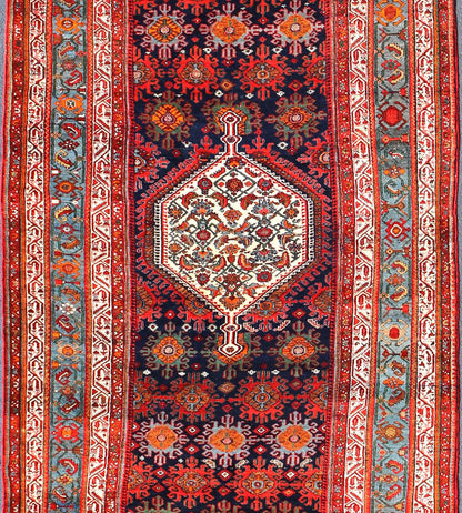 Multicolored antique Persian Malayer long and wide gallery runner with geometric medallion and motifs, rug ema - 7582, country of origin / type: Iran / Malayer, circa 1910. This lovely antique Persian Malayer runner originates from the northwest r... - Keivan Woven ArtsEMA - 7582 - 10014Rug