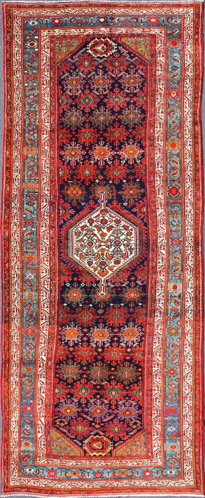 Multicolored antique Persian Malayer long and wide gallery runner with geometric medallion and motifs, rug ema - 7582, country of origin / type: Iran / Malayer, circa 1910. This lovely antique Persian Malayer runner originates from the northwest r... - Keivan Woven ArtsEMA - 7582 - 10014Rug