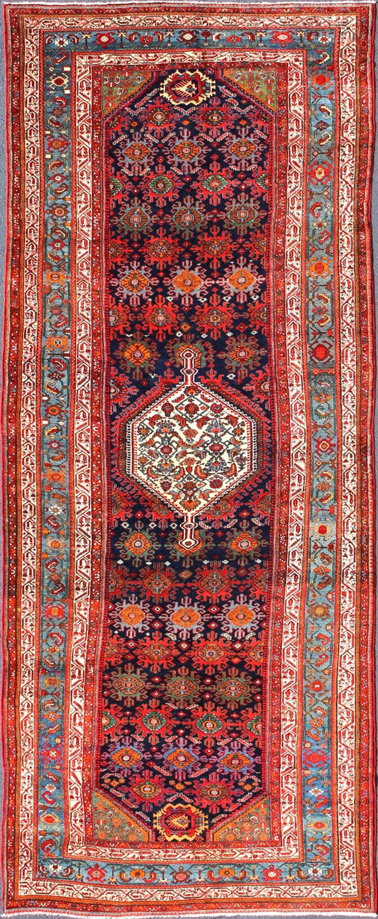 Multicolored antique Persian Malayer long and wide gallery runner with geometric medallion and motifs, rug ema - 7582, country of origin / type: Iran / Malayer, circa 1910. This lovely antique Persian Malayer runner originates from the northwest r... - Keivan Woven ArtsEMA - 7582 - 10014Rug