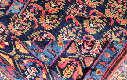 Antique Persian Malayer Paisley Design Runner in Red, Orange, and Blue Measures 3'7 x 18'7 This antique Persian Malayer features a denim blue guard for the small banded border, decorated with modest motifs in varying shades of blue, gree... - Keivan Woven ArtsEMA - 7585 - 10018Rug