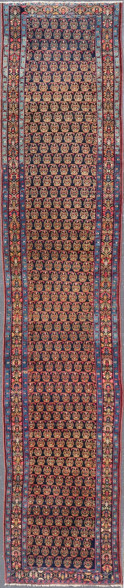 Antique Persian Malayer Paisley Design Runner in Red, Orange, and Blue Measures 3'7 x 18'7 This antique Persian Malayer features a denim blue guard for the small banded border, decorated with modest motifs in varying shades of blue, gree... - Keivan Woven ArtsEMA - 7585 - 10018Rug
