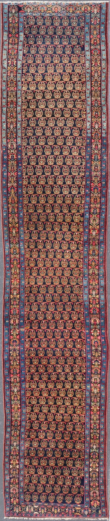 Antique Persian Malayer Paisley Design Runner in Red, Orange, and Blue Measures 3'7 x 18'7 This antique Persian Malayer features a denim blue guard for the small banded border, decorated with modest motifs in varying shades of blue, gree... - Keivan Woven ArtsEMA - 7585 - 10018Rug